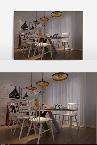 混搭简约白色餐桌餐厅模型图片