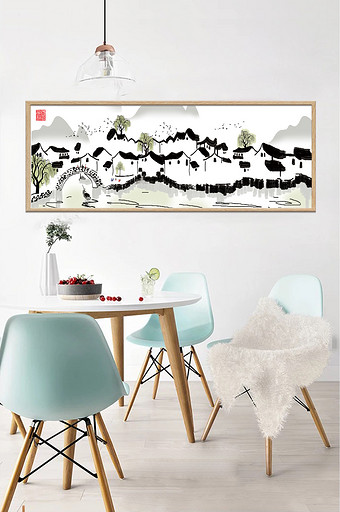 手绘中国风水墨淡彩江南风景书房客厅装饰画图片