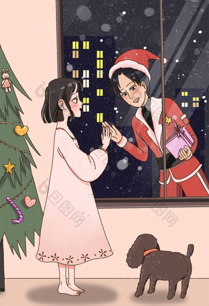 冬天圣诞节下雪情侣插画图片