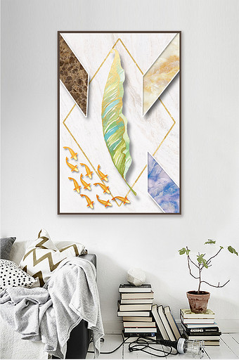 美式抽象大理石几何金鱼装饰画图片