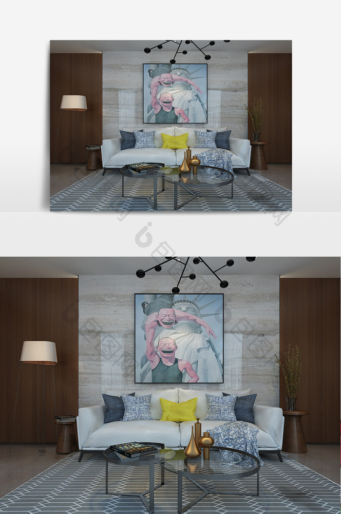 印象画灰色沙发简约客厅模型