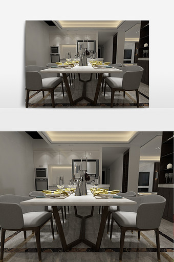 混搭简约浅灰色客厅餐厅模型图片
