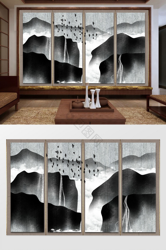 中式水墨手绘山水画意境电视背景墙图片