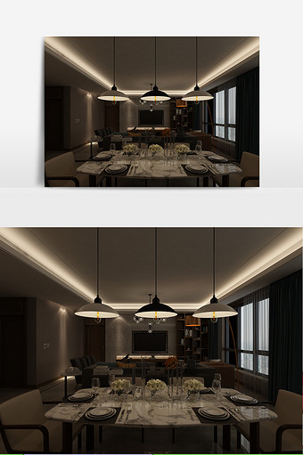 美式简约风格客厅餐厅模型图片