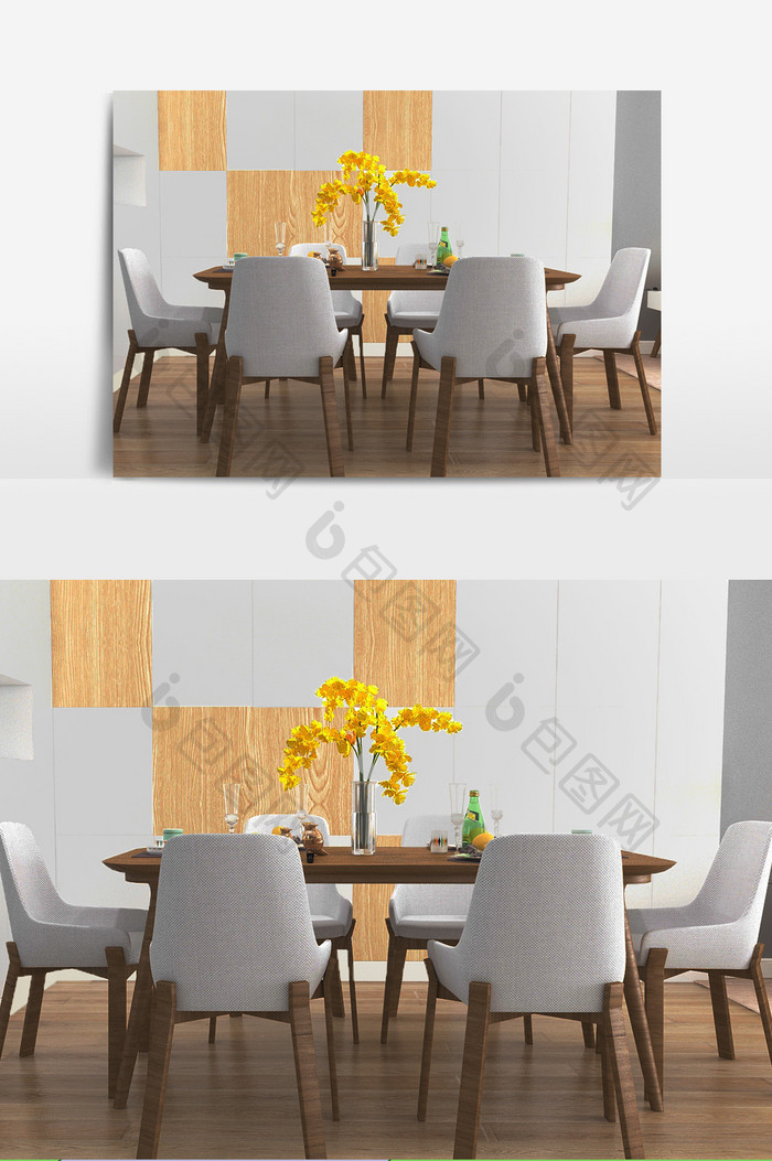 混搭风格六人桌餐厅模型