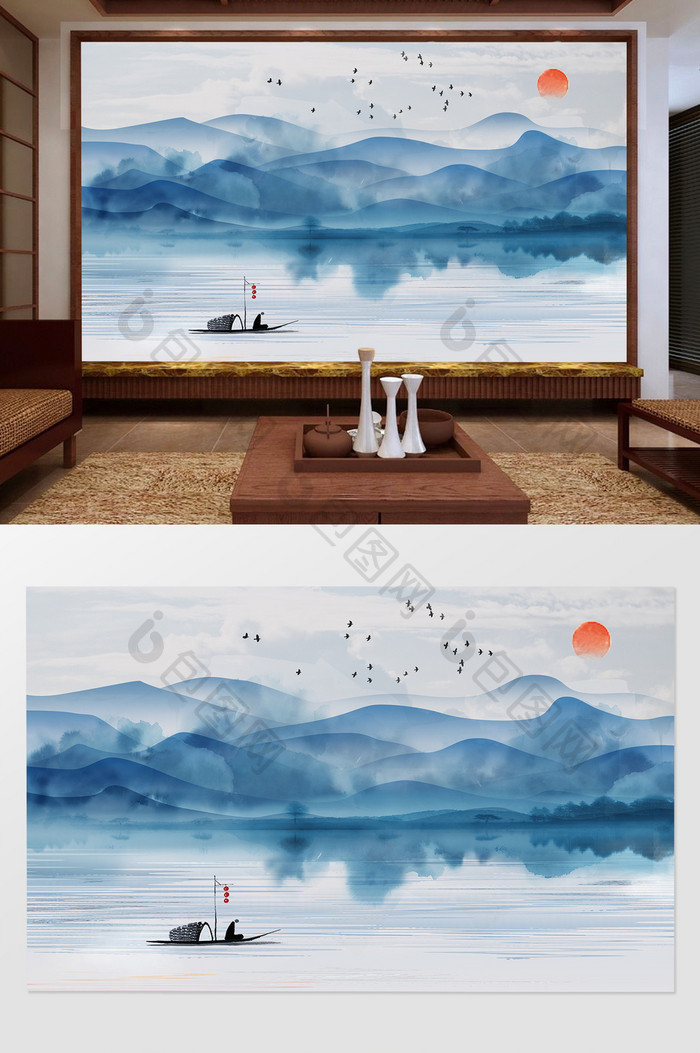中式山水小船背景墙