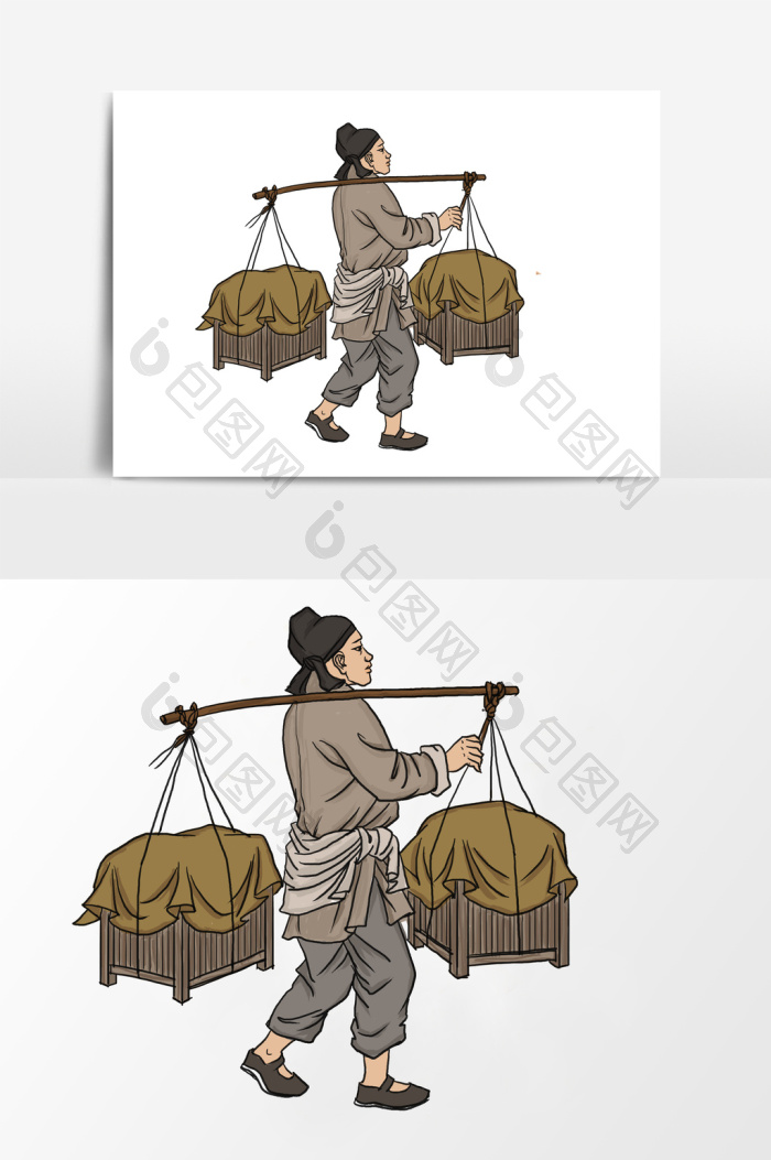 淡彩国画的古代挑担子人物png下载-包图网