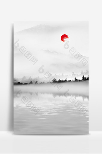 水墨中国风山河红日背景图片
