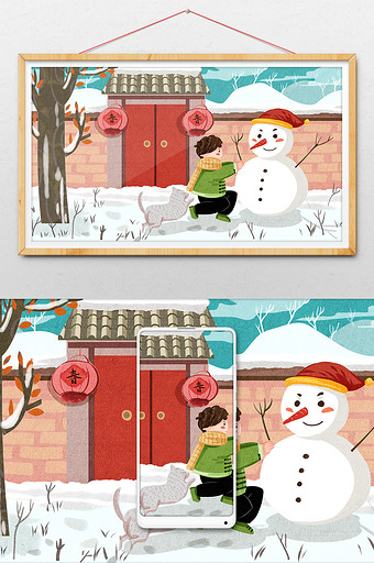 红色喜庆冬天男孩在户外堆雪人插画图片