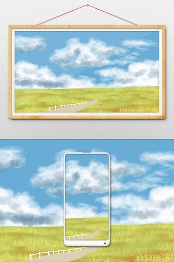 手绘蓝天和草地插画元素图片