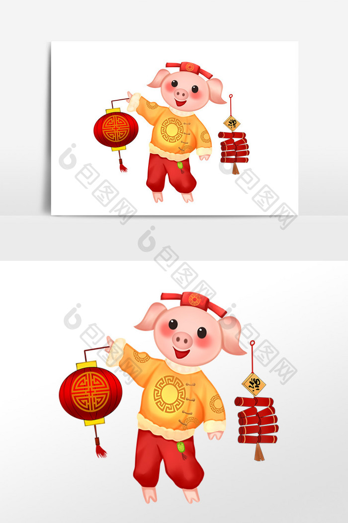 手绘新年金猪提灯笼插画素材