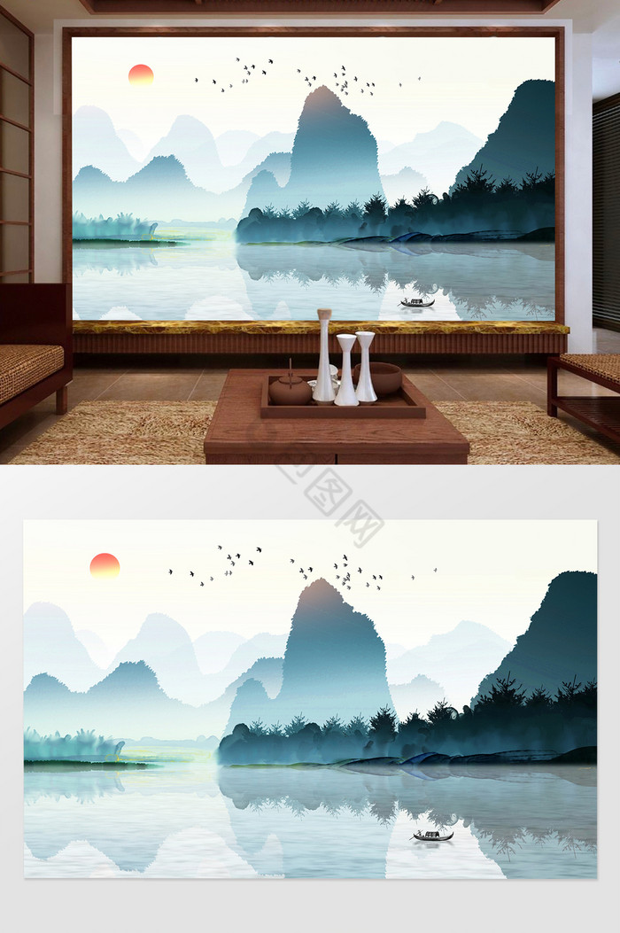 新中式水墨山水意境电视背景墙图片