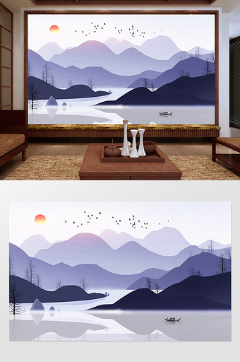 新中式唯美水墨意境山水电视背景墙图片