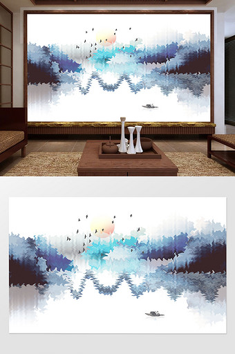 新中式水墨国画彩色抽象山水壁画定制背景墙图片