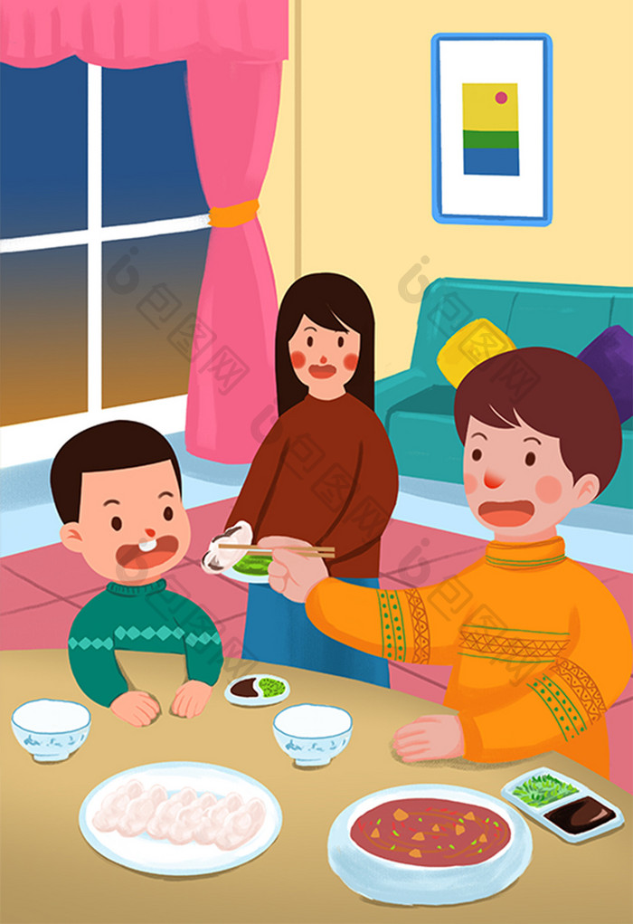 元旦浪漫唯美家庭聚餐吃饺子羊肉汤卡通插画