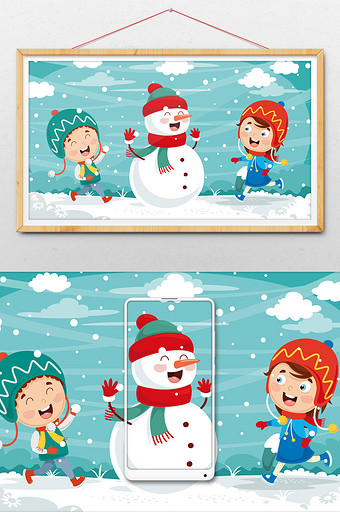 卡通风下雪的圣诞节孩子们打雪仗图片