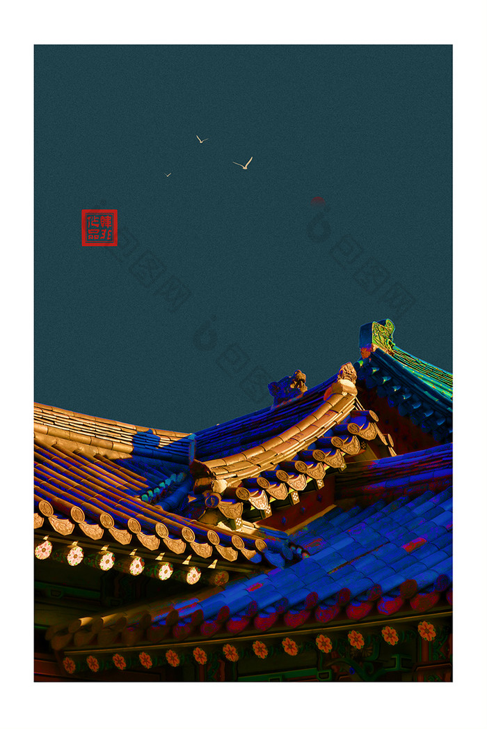 中国风古典宫廷古风屋檐客厅装饰画