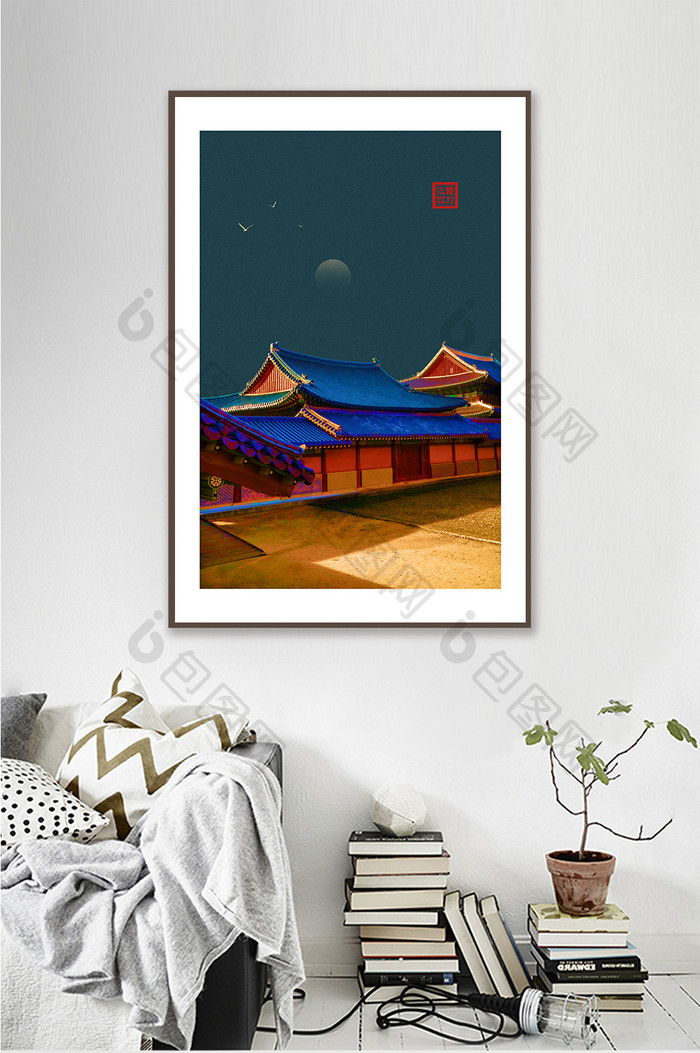 中国风古典宫廷古风飞檐客厅装饰画