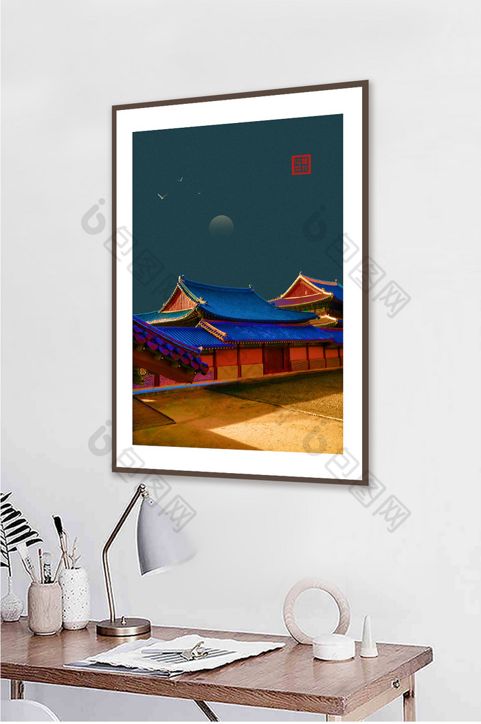 中国风古典宫廷古风飞檐客厅装饰画