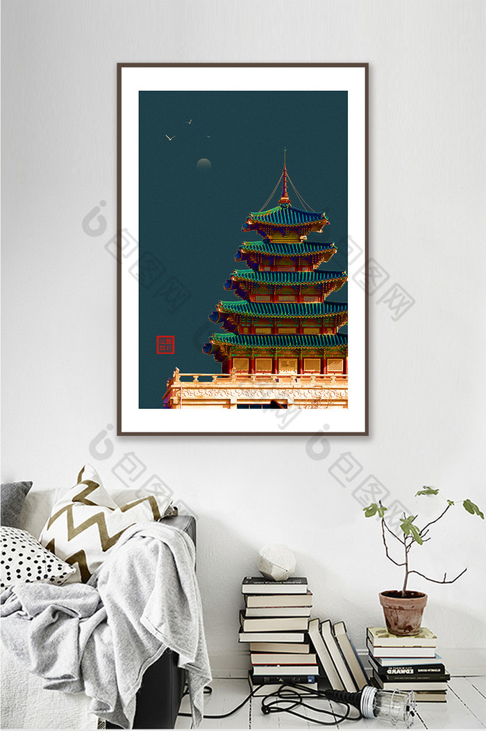中国风古典宫廷古风阁楼地产客厅装饰画