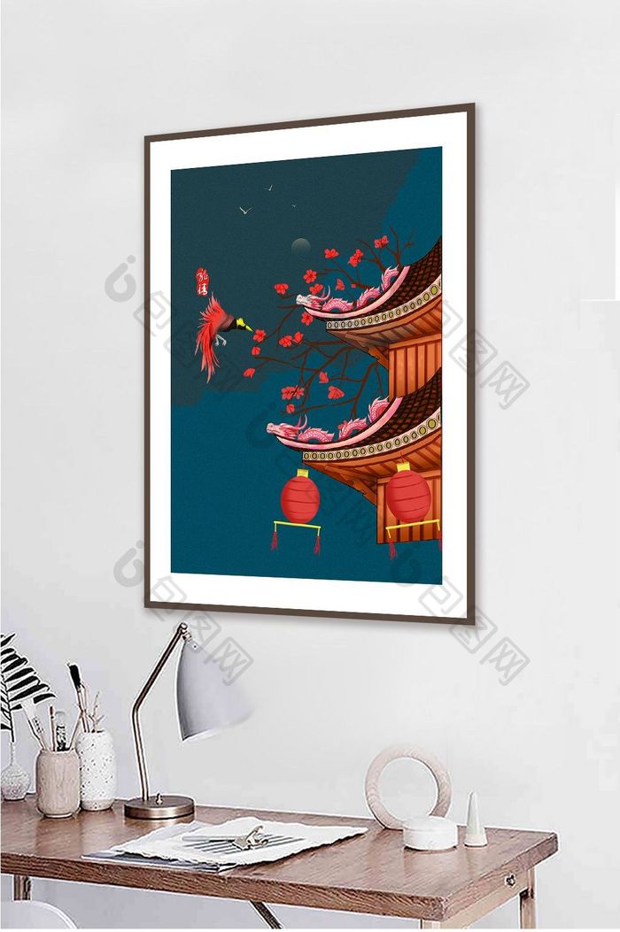 中国风古典宫廷复古庭院地产客厅装饰画