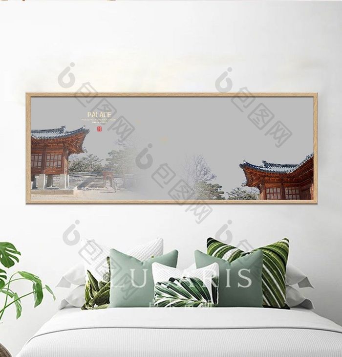 中国风古典宫廷复古飞檐横式地产客厅装饰画