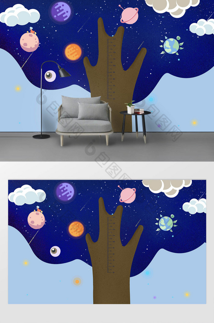 现代简约3d立体太空宇宙儿童房背景墙壁画
