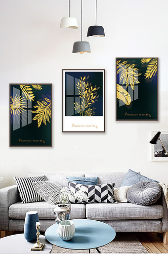 抽象北欧风现代金色植物树叶客厅晶瓷装饰画图片