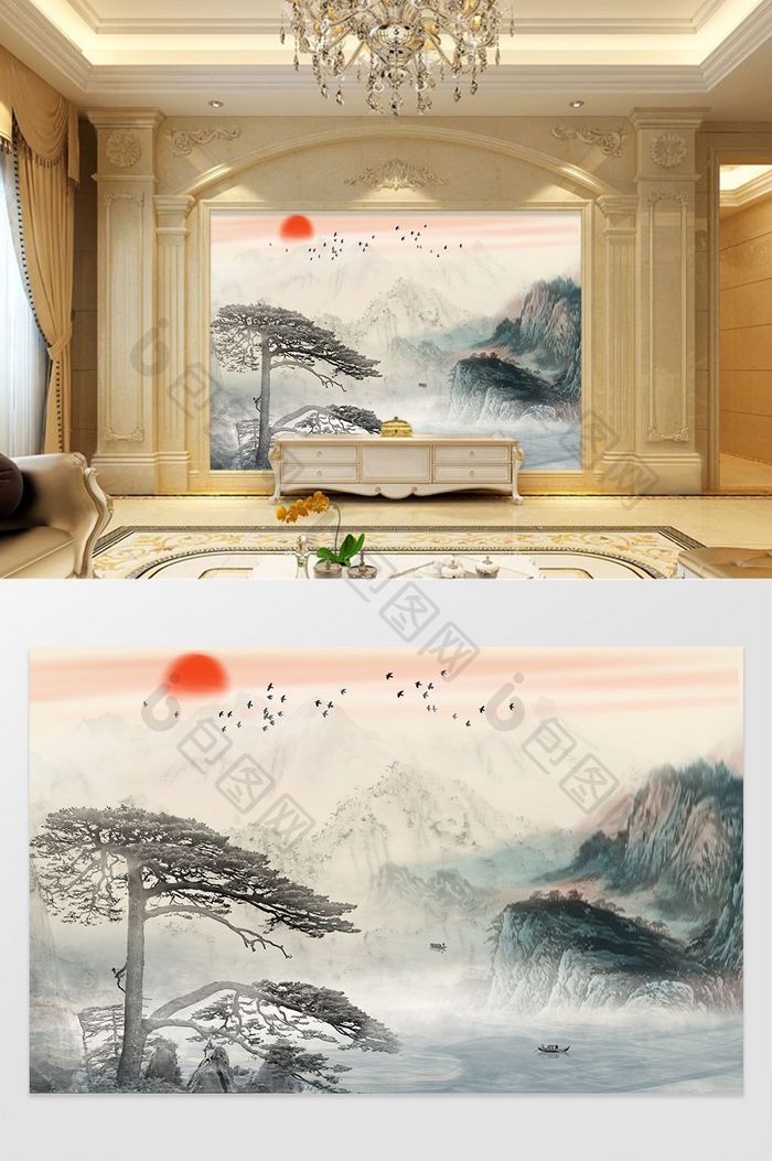 中国风中式意境抽象水墨山水客厅背景墙