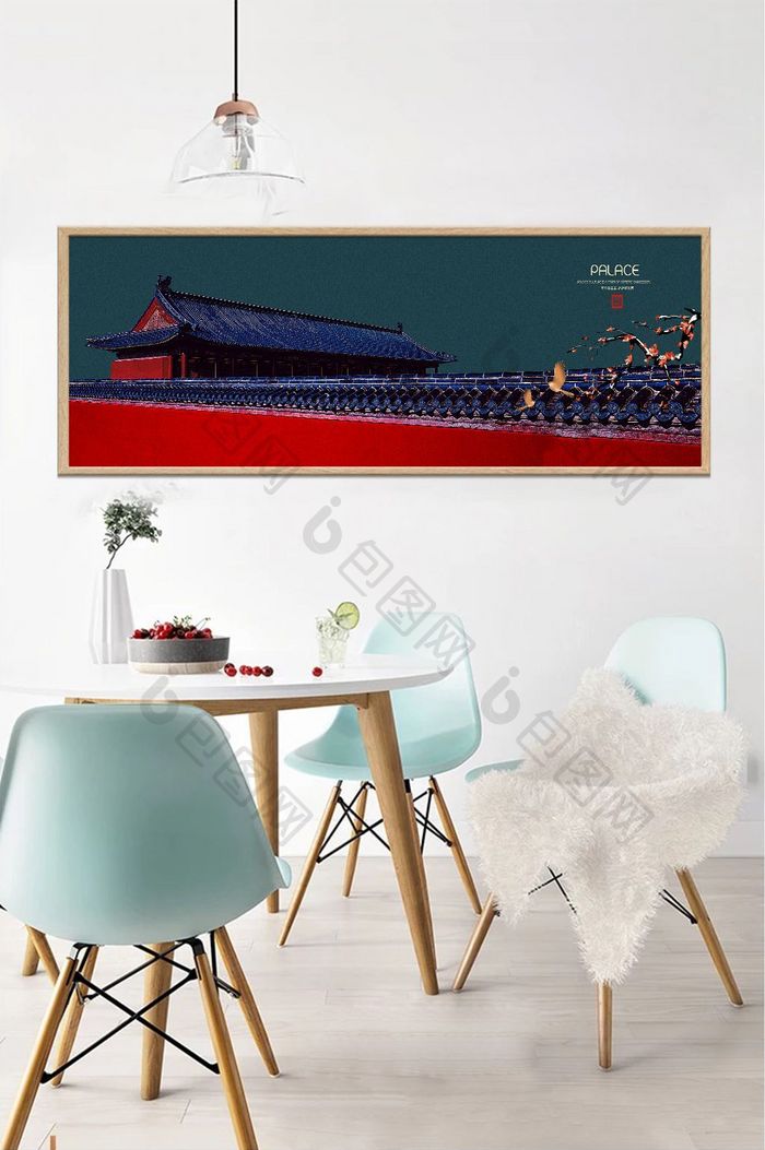 新中式古典宫廷飞檐地产客厅横式装饰画
