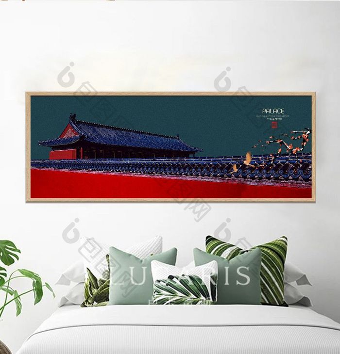 新中式古典宫廷飞檐地产客厅横式装饰画