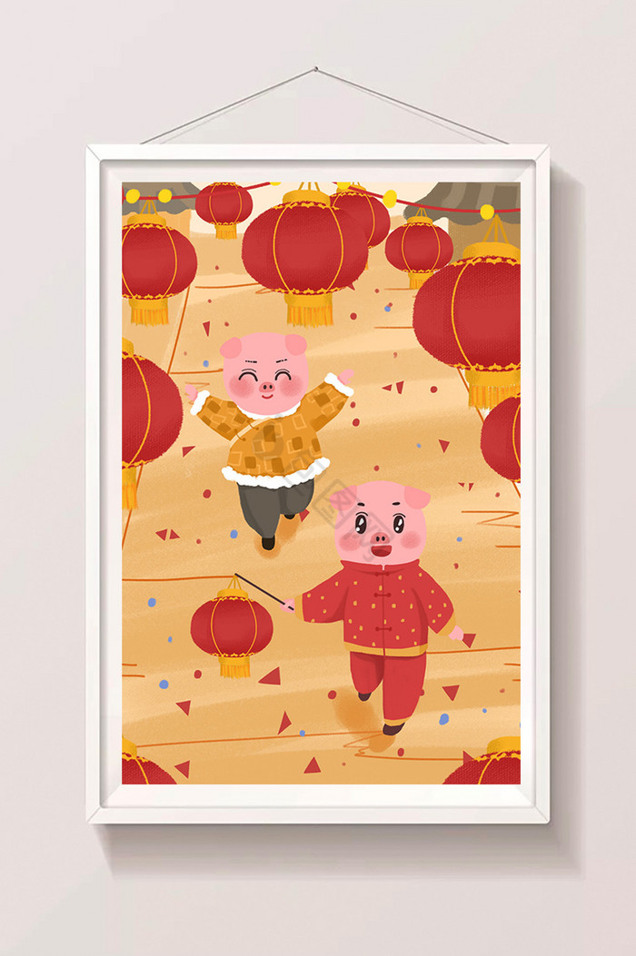 春节小猪拿着灯笼跑插画图片