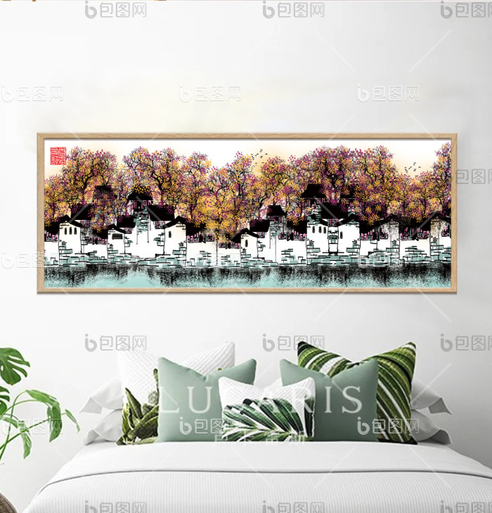 手绘文艺水墨淡彩风景书房客厅装饰画-手绘文艺水墨淡彩风景书房客厅装饰画效果图-【包图网】