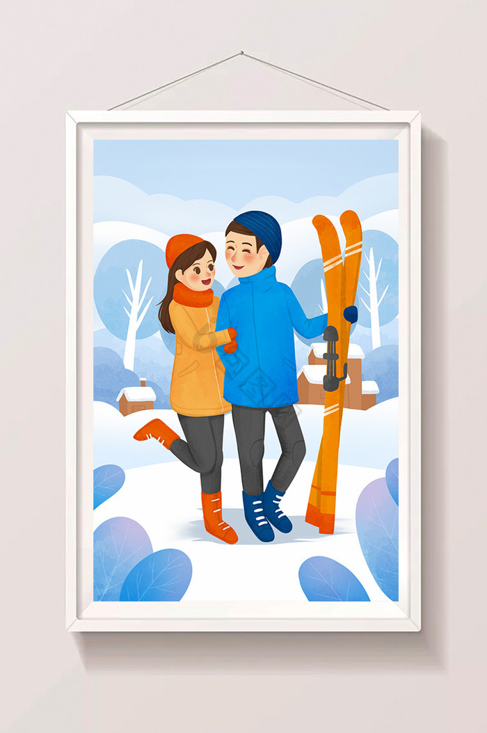 生活方式大雪雪地情侣冬天滑雪插画图片