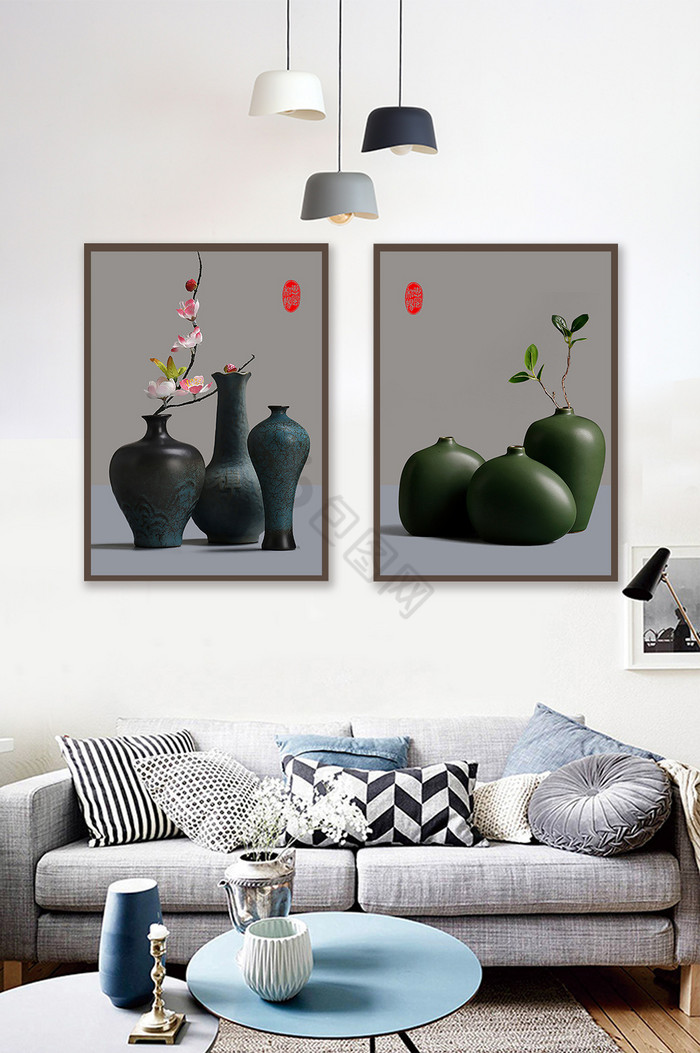 新中式立体静物陶瓷釉花瓶二联装饰画图片