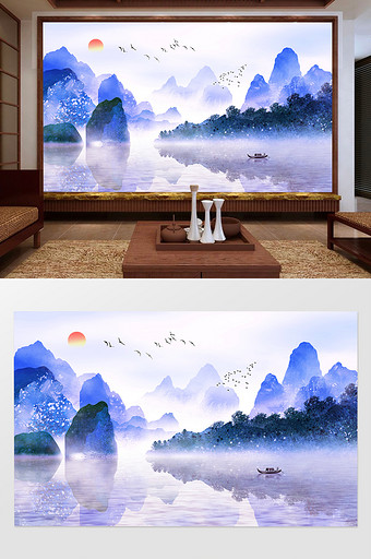 新中式山水意境水墨风景电视背景墙图片