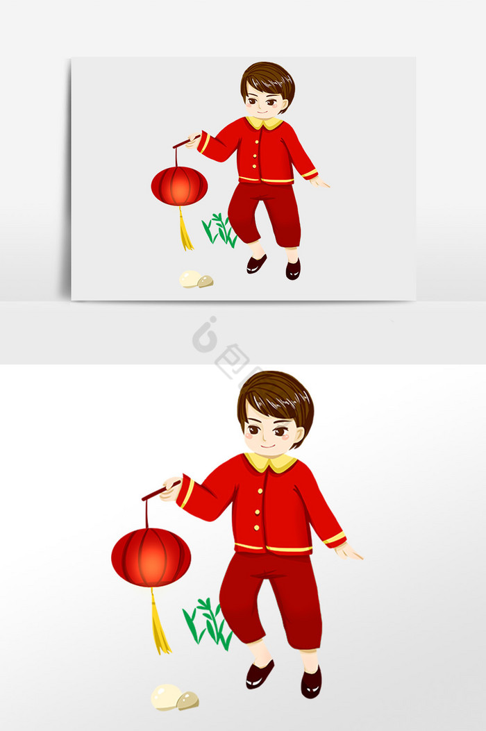 春节新年男孩打灯笼插画图片