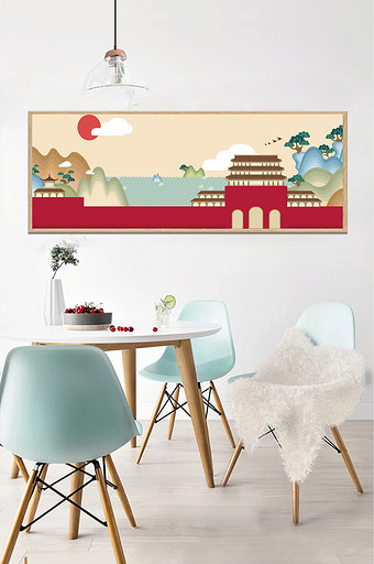 中式风格客厅山水城墙装饰画图片