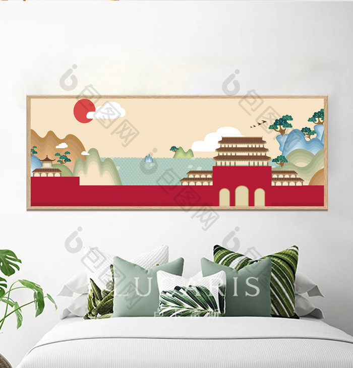 中式风格客厅山水城墙装饰画