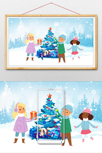 卡通风平安夜装饰圣诞树的孩子们图片