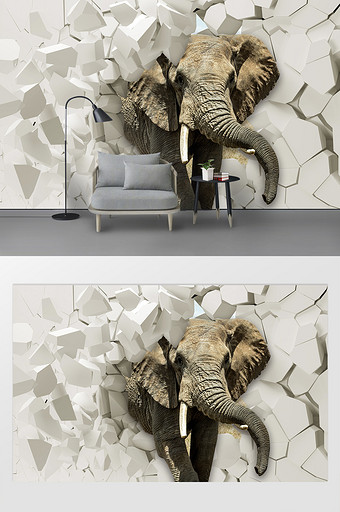 原创3D立体浮雕大象破墙而入背景墙图片