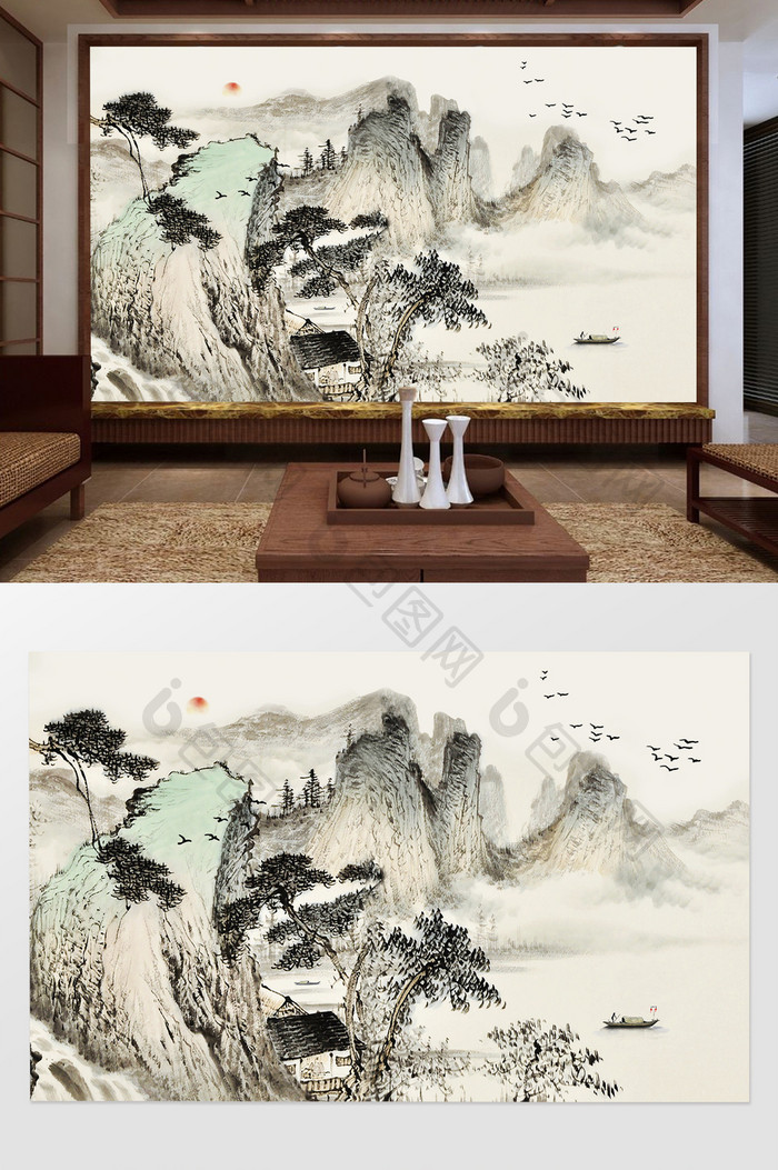 中国风手绘国画山水流水生财背景墙