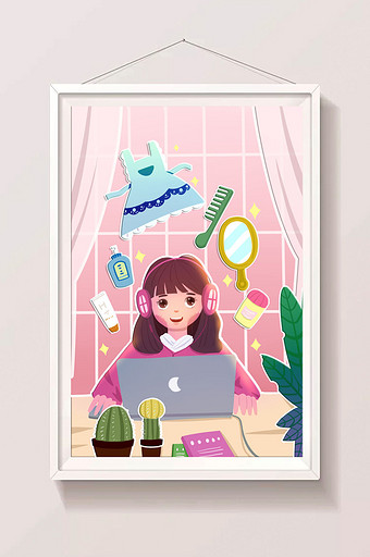 彩色网购节双11双12女孩电脑百货插画图片