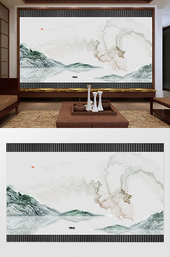 新中式意境绿色山水抽象梦幻曲线白色背景墙图片