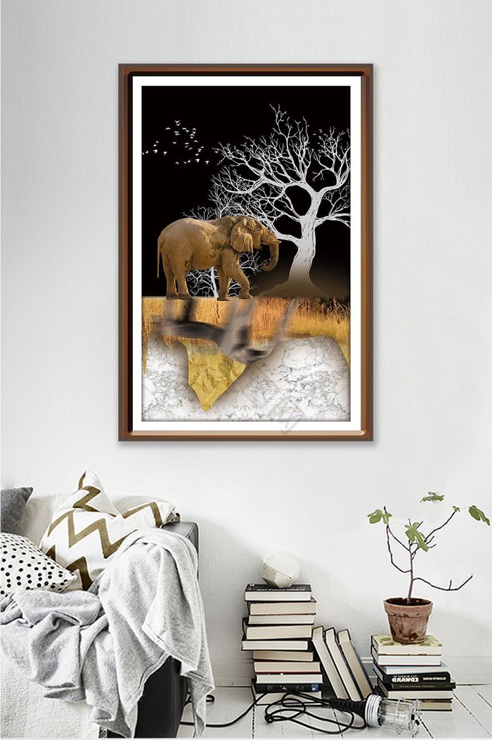 文艺大气现代创意动物大象酒店客厅装饰画图片