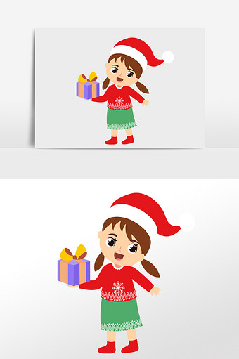 可爱卡通小女孩圣诞节手拿礼物插画人物素材图片
