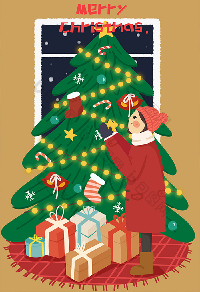 圣诞节圣诞树礼物卡通人物手绘插画
