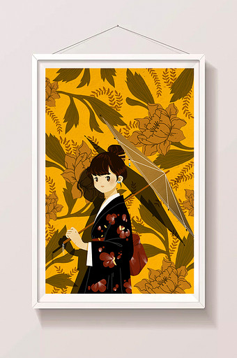 花卉背景和风撑伞和服少女插画图片