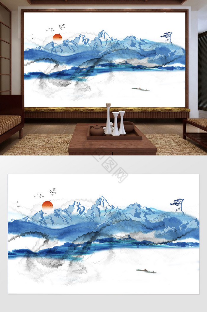 新中式意境水墨山水国画背景墙图片