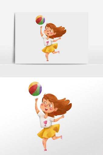 水彩手绘元素跳跃打球的小女孩图片